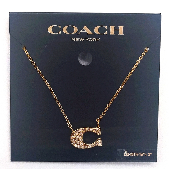 $88 Rare COACH Retired Gold Plated Pave Crystal C Logo Necklace - Picture 2 of 5